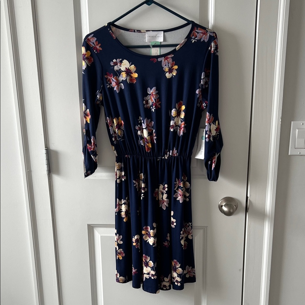 French Grey Navy Floral Long Sleeve Dress